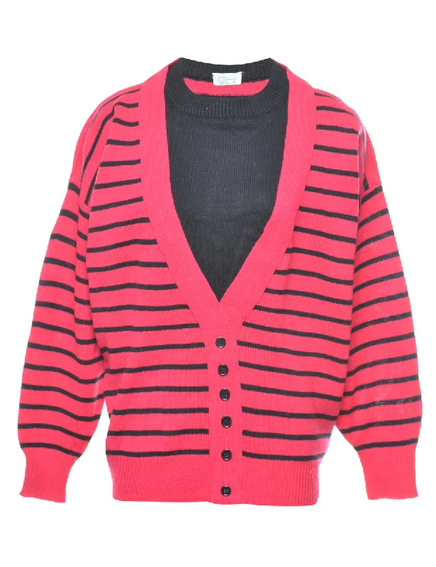 Magenta Striped Jumper - L Cable Knit Ribbed Knit Lace Knit