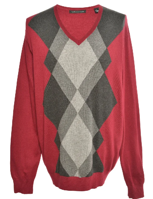 Maroon Van Heusen Argyle Jumper - L Herringbone Houndstooth Plaid