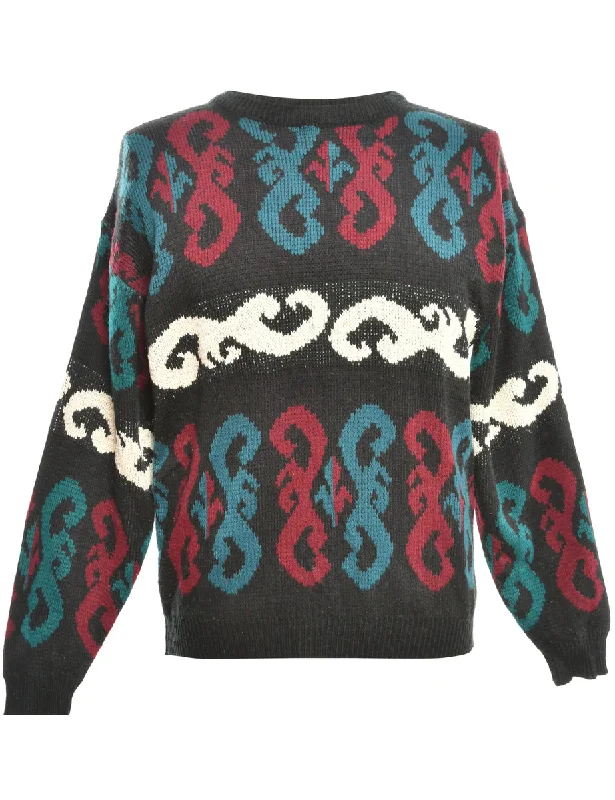 Patterned Black Jumper - L Silk Blend Satin Velvet