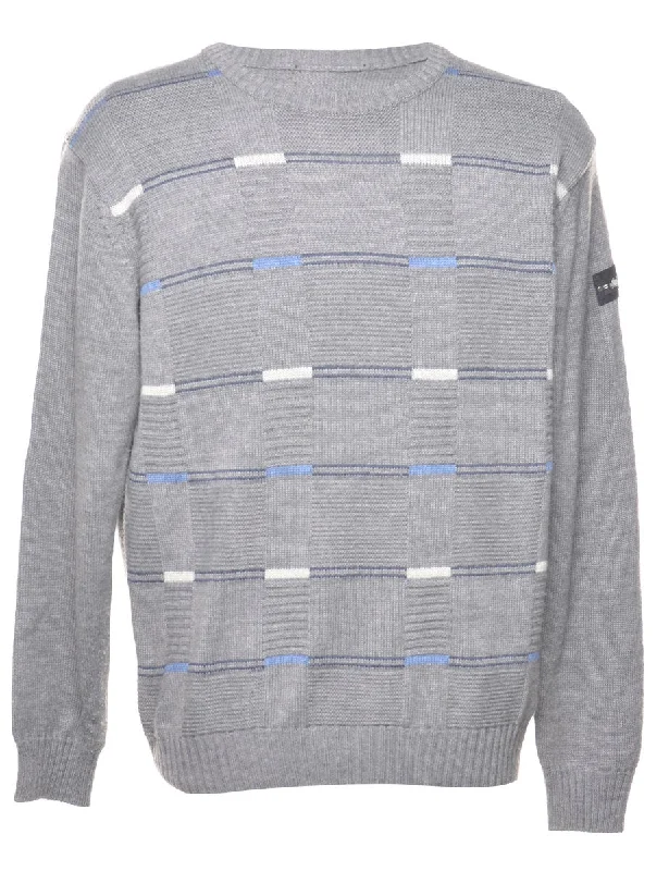 Patterned Grey & Light Blue Knit Jumper - L Chenille Brocade Lace