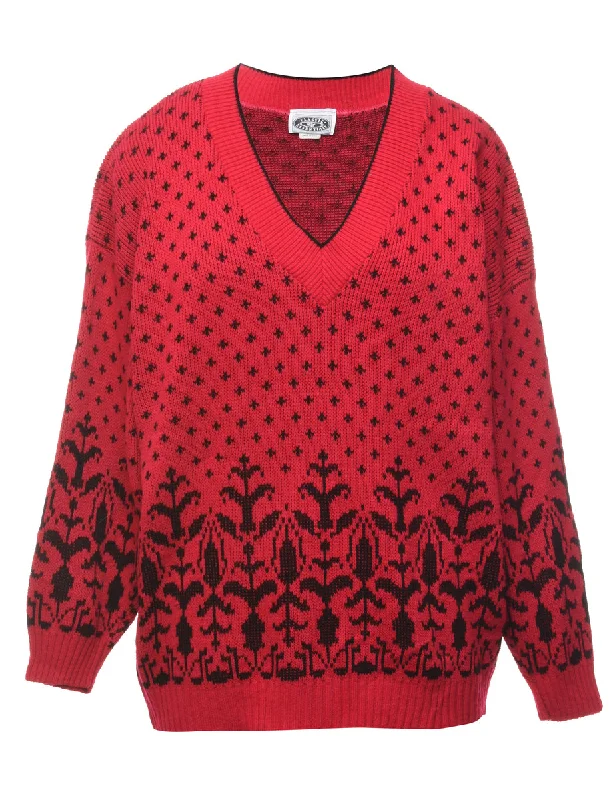 Patterned Magenta Jumper - M Cashmere Blend Cotton Blend Poly Blend