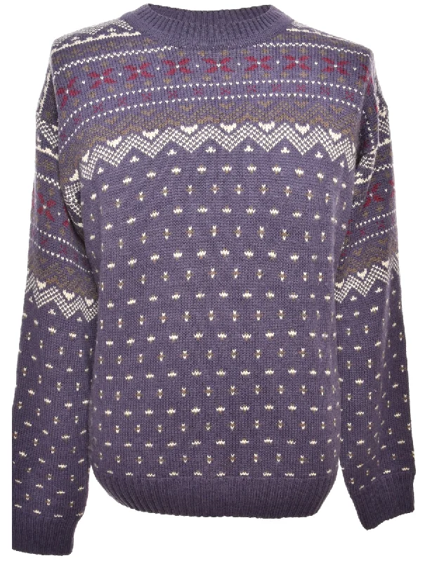 Patterned Purple Jumper - L Ribbed Striped Patterned