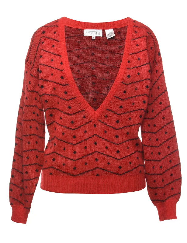 Patterned Red Jumper - M Ribbed Striped Patterned