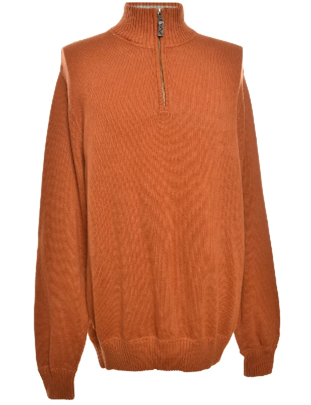 Quarter-Zip Burnt Orange Jumper  - L Ribbed Striped Patterned