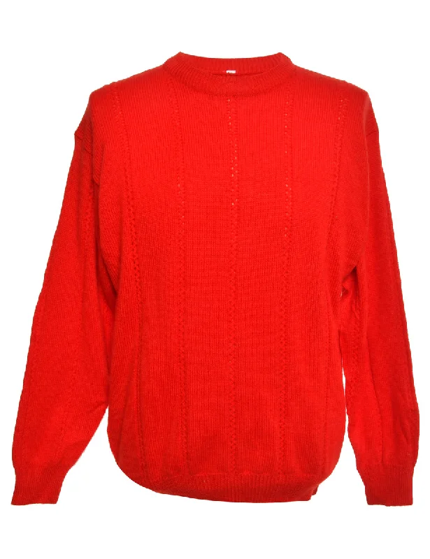 Red Long Sleeved Jumper - M Solid Print Embellished