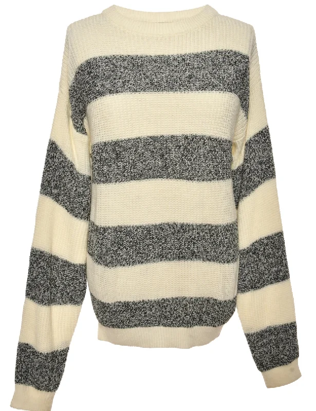 Striped Patterned Cream Jumper - S Zippered Front Buttoned Front Snap Front