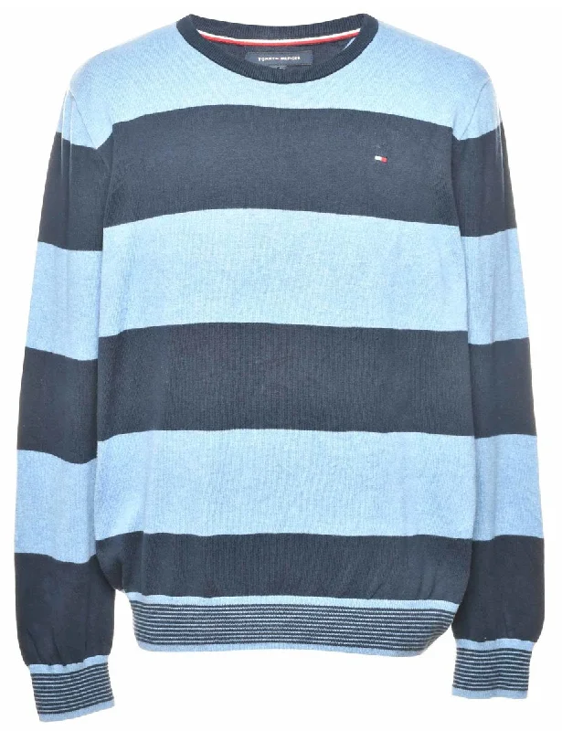 Tommy Hilfiger Navy & Blue Striped Jumper - L Front Pockets Side Pockets Patch Pockets