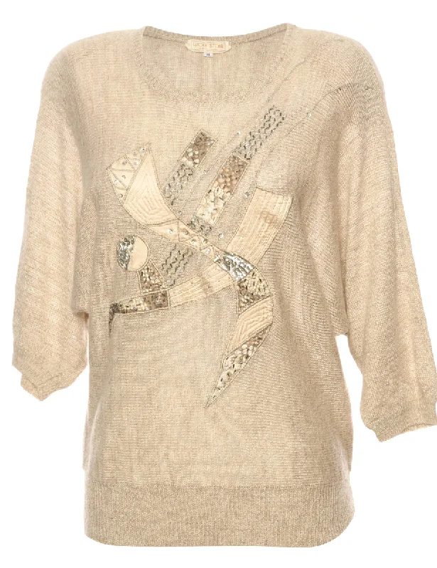 Beaded Cream Jumper - L Boxy Sweater Fitted Sweater A-Line