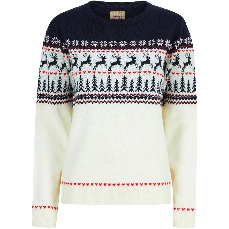 Christmas Reindeer Heart Nordic Fairisle Womens Jumper - Cream Casual Formal Business