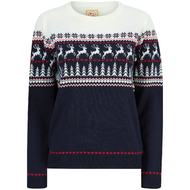 Christmas Reindeer Heart Nordic Fairisle Womens Jumper - Navy Anti-Pilling Anti-Shrink Durable