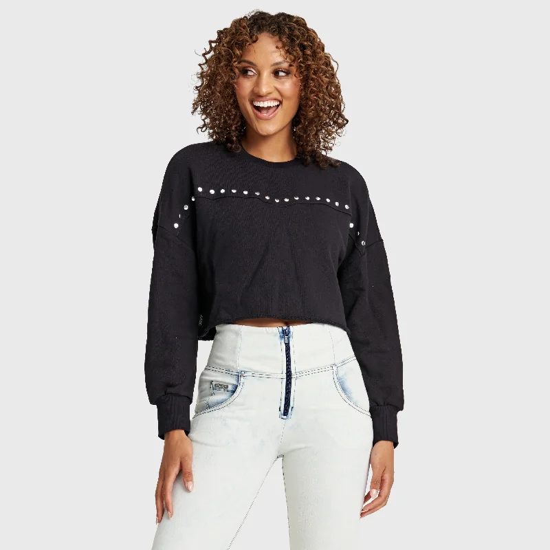 Cropped Jumper - Black with Metal Studs Casual Formal Business