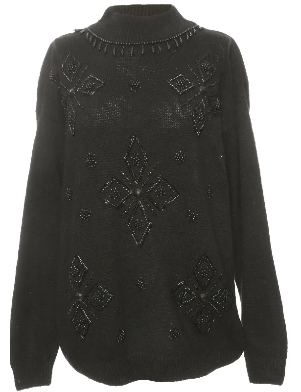 Embellished Black Jumper - M Real Fur Shearling Chenille