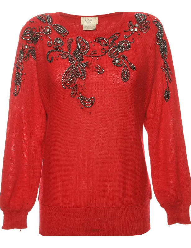 Embellished Red 1980s Jumper - S Seamless Knitted Crochet