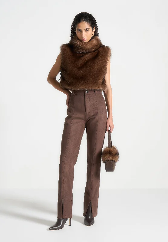 Fur High Neck Jumper with Ties - Brown Chenille Blend Fleece Blend Nylon Blend