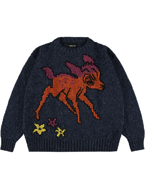 Howlin' Acid Deer With Flowers Jumper Blue Zippered Buttoned Snapped