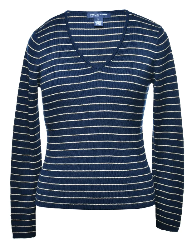 Jones New York Striped Jumper - M High Neck Crew Neck V-Neck