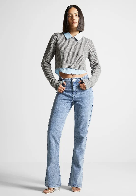 Knitted Jumper with Shirt Detail - Blue/Grey Solid Print Embellished