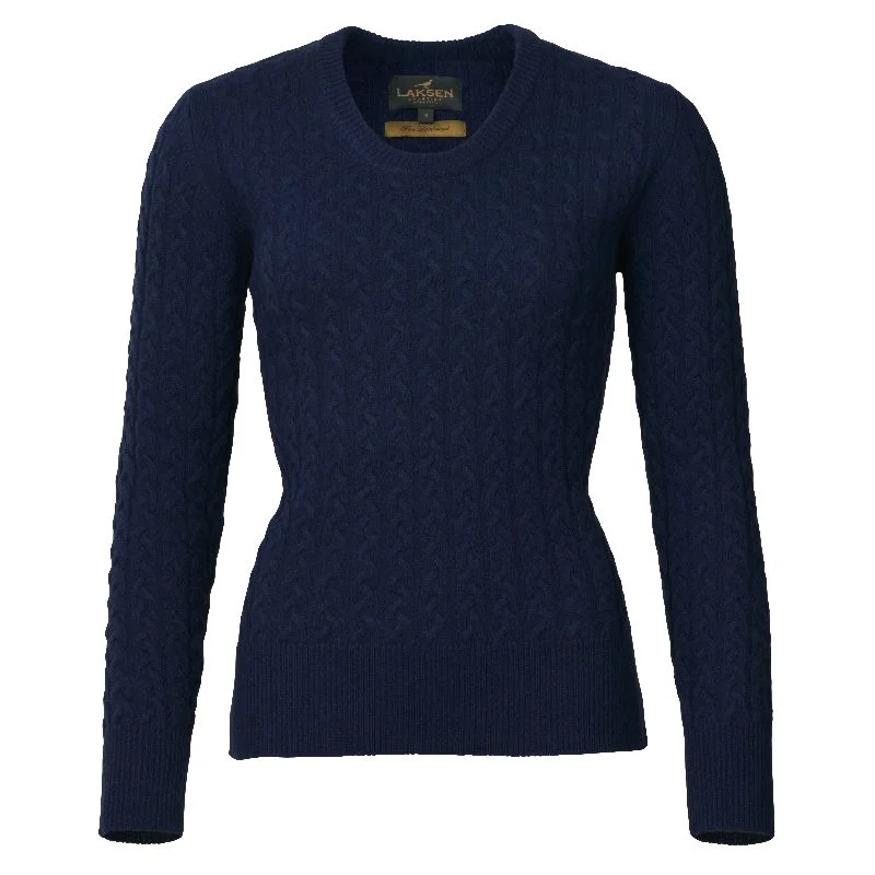 Laksen Burleigh Cable Knit Lambswool Ladies Crew Neck Jumper - Navy Striped Floral Plaid