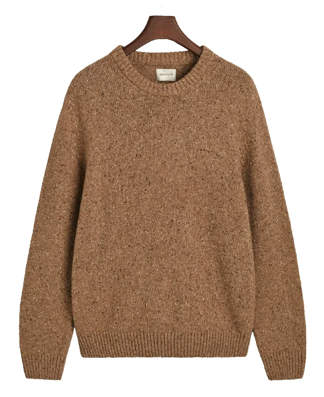 Neps Wool Crew Neck Jumper - Light Brown Melange Houndstooth Herringbone Solid