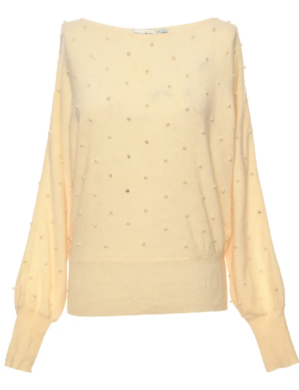 Pale Yellow Evan Picone Jumper - L Mesh Sweater Canvas Denim