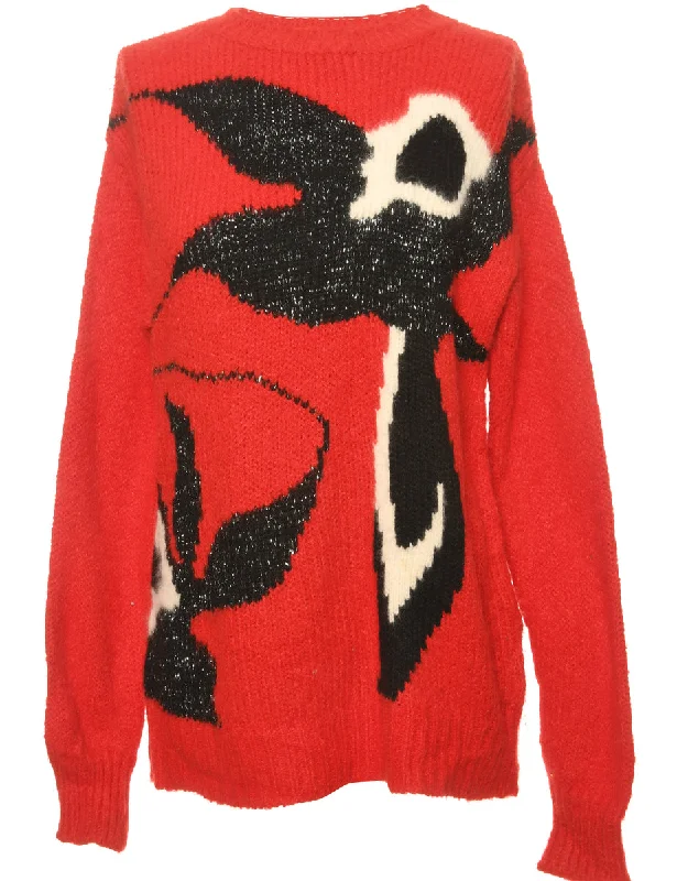 Patterned Red Jumper - M Slim Fit Regular Fit Oversized