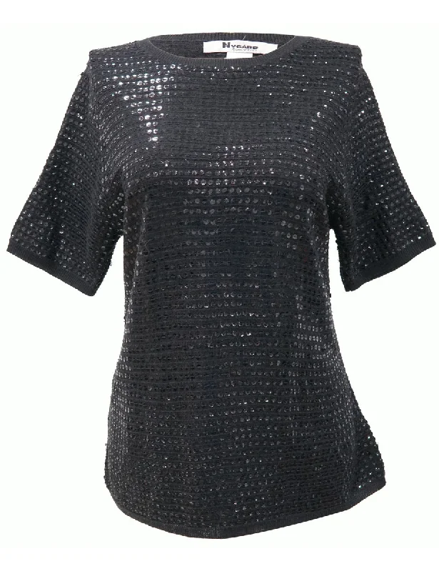 Sequined Black Jumper - M Satin Blend Silk Blend Wool Blend