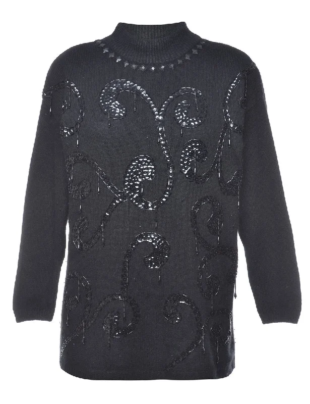 Sequined High Neck Jumper - L Notch Collar Peter Pan Collar Cowl Neck