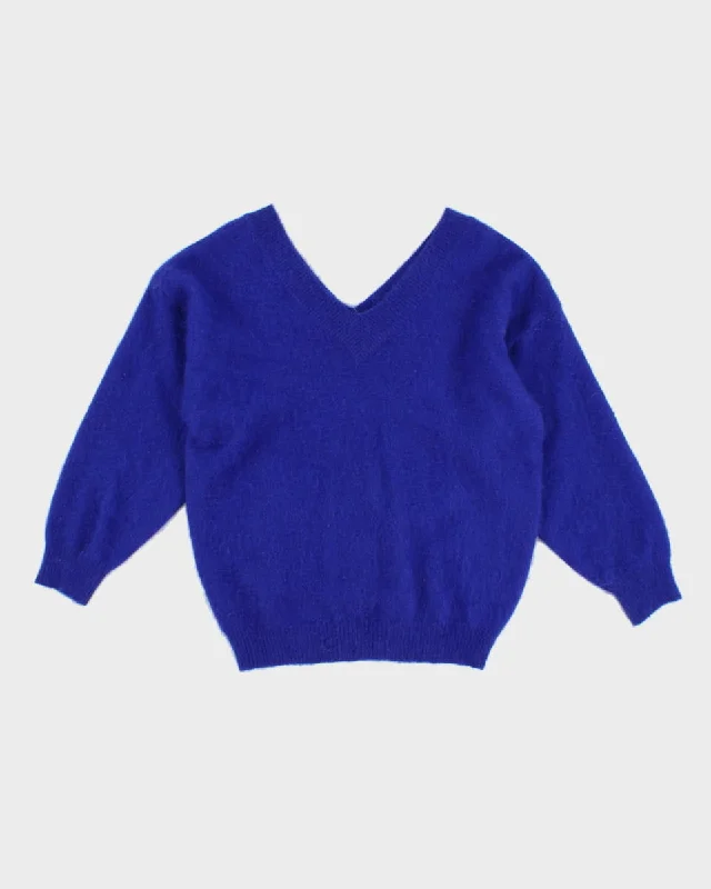 Women's Vintage Blue Knit Jumper - S Elasticated Padded Insulated