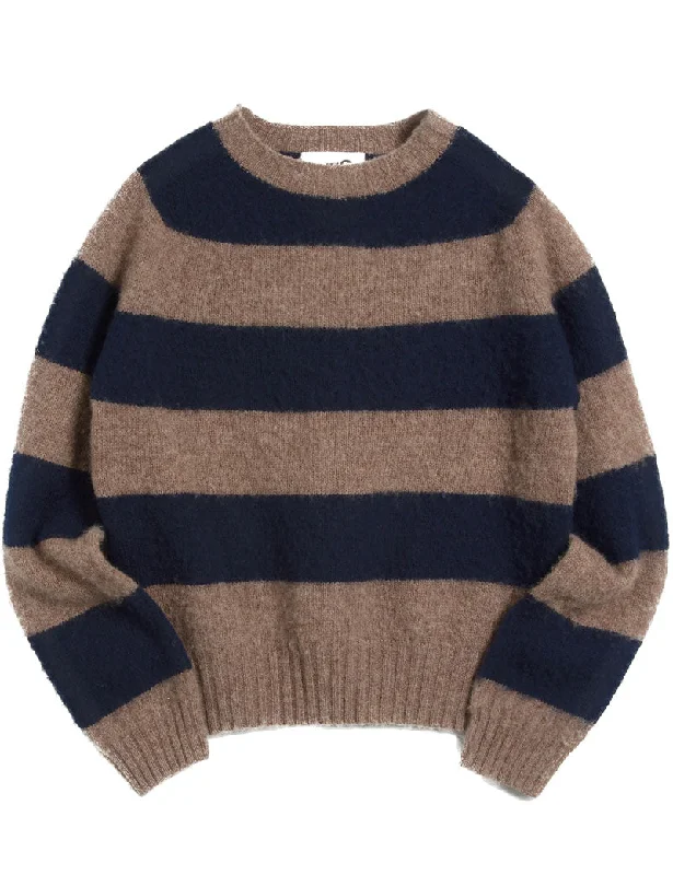 YMC Jets Stripe Crew Knit Jumper Navy Stripe Front Pockets Side Pockets Patch Pockets