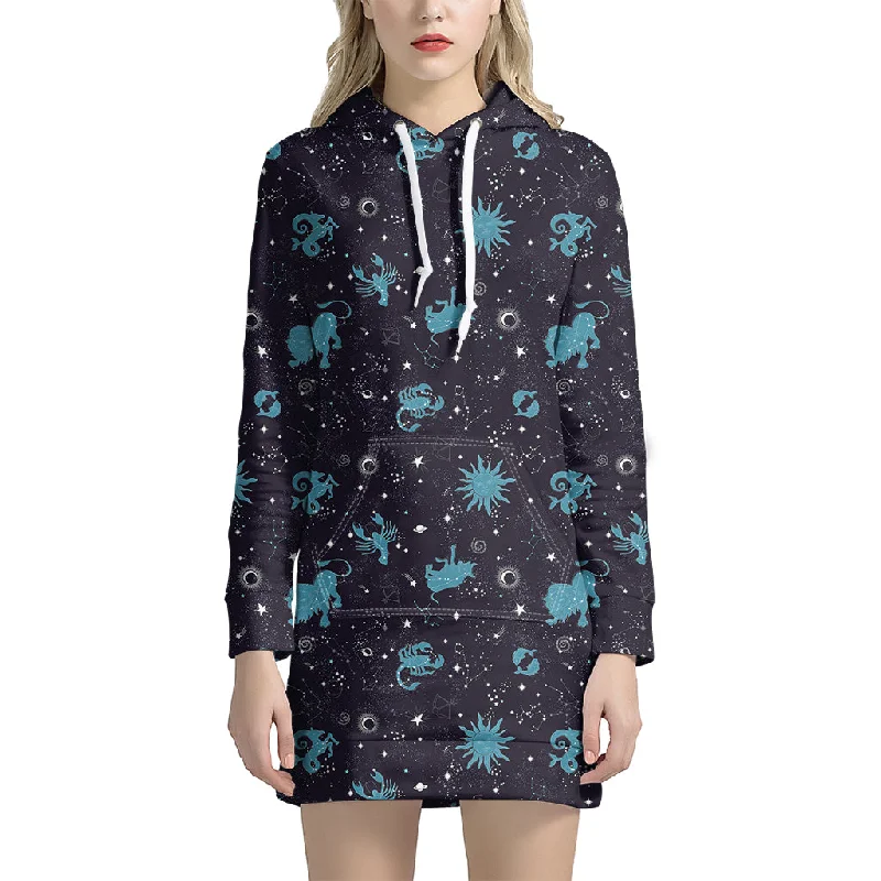 Constellation Zodiac Signs Pattern Print Pullover Hoodie Dress