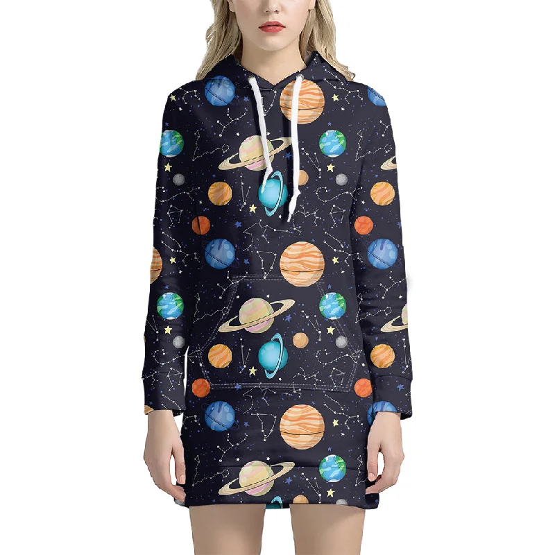 Constellations And Planets Pattern Print Pullover Hoodie Dress