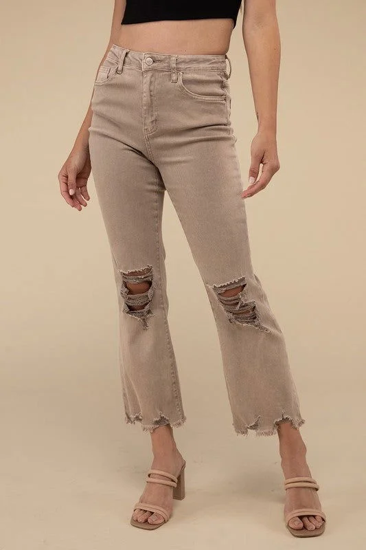 ZENANA Acid Washed High Waist Distressed Straight Pants Soft Cotton Pants