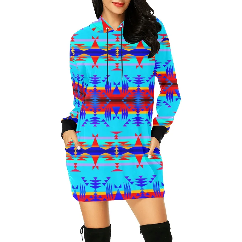 Between the Mountains Blue Hoodie Dress Hoodie with Emblem Brand Identity