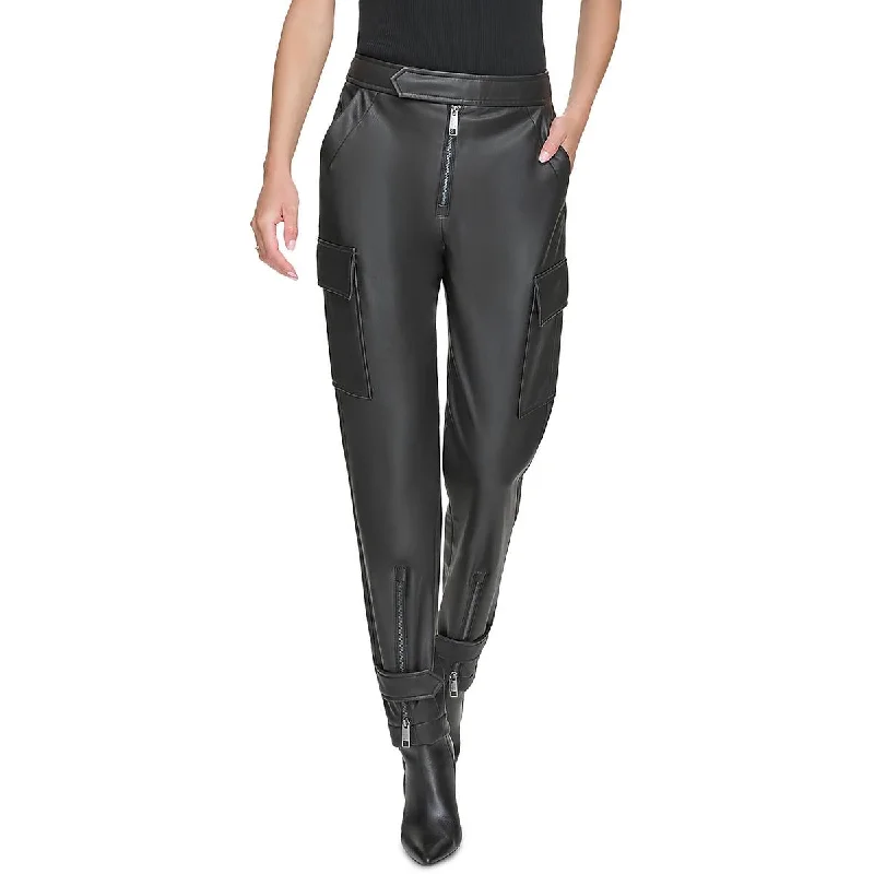 Womens Faux Leather High Rise Cargo Pants Classic Straight Pants