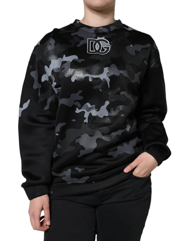 Black Camouflage Round Neck Sweatshirt Sweater Hoodie with Longline Fit Extended Stylish