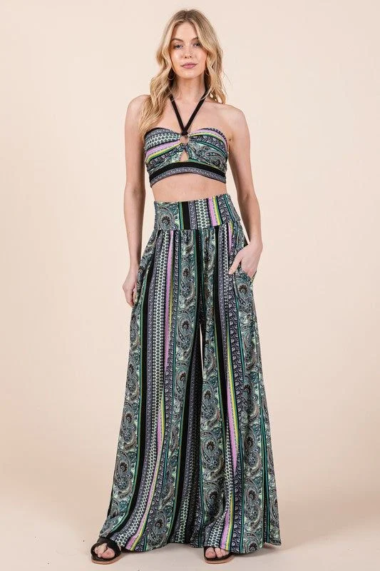 Boho. Print Wide Leg Pants with Pockets Classic Flared Pants