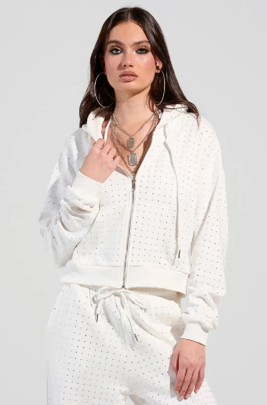 BUBBLES RHINESTONE EMBELLISHED ZIP UP SWEATSHIRT IN WHITE Hoodie with Hem Elastic Stretchable Comfortable