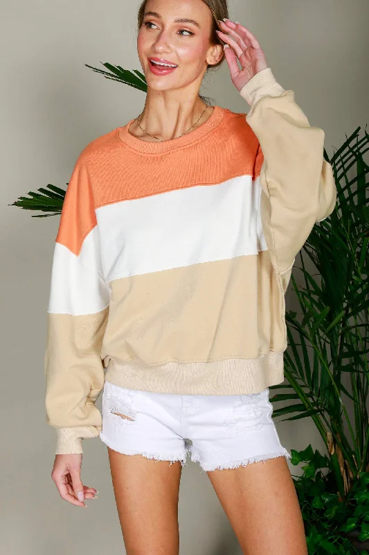 Crew Neck Color Block Oversized Sweatshirt: Orange Hoodie with Lining Warm Insulated