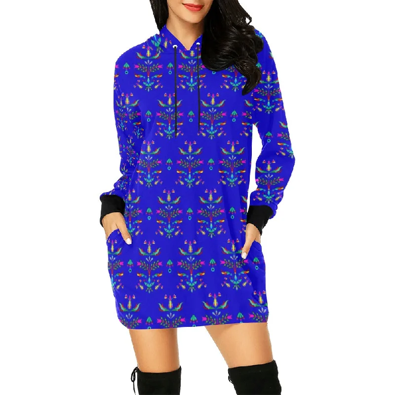 Dakota Damask Blue Hoodie Dress Hoodie with Thumb Holes Functional Cozy