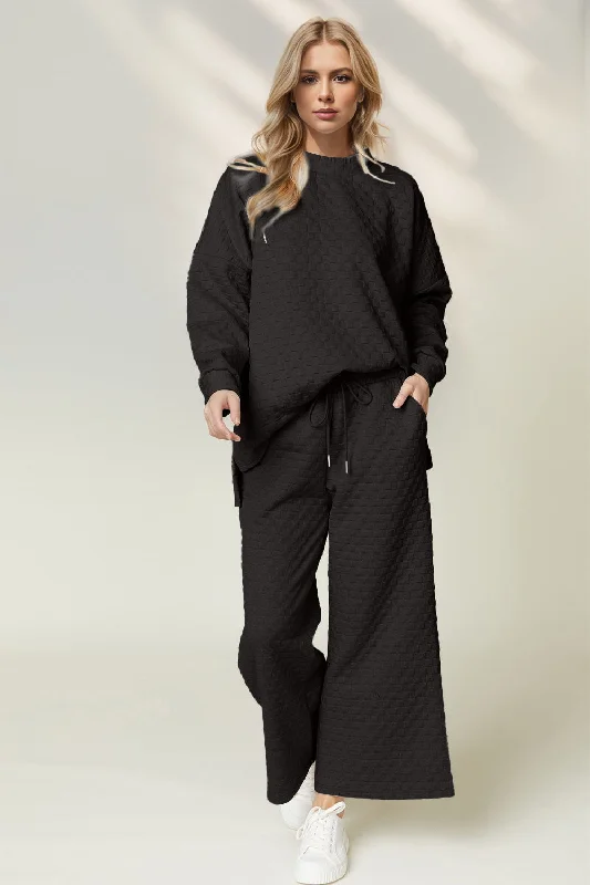 Double Take Checkered Slit High-Low Round Neck Top and Wide Leg Pants Set Trendy Tapered Pants