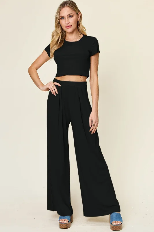 Double Take Full Size Round Neck Top and Pants Set Elegant Dress Pants