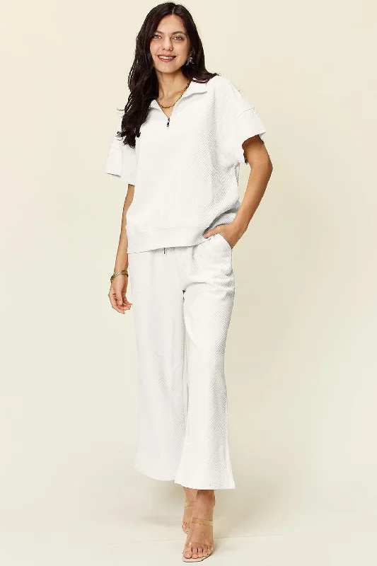 Double Take Full Size Texture Half Zip Short Sleeve Top and Pants Set Stylish Harem Pants