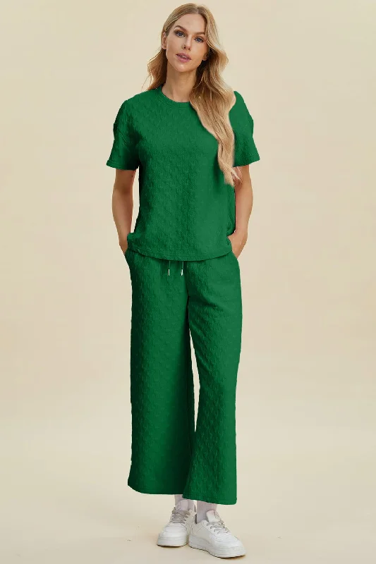 Double Take Full Size Texture Round Neck Short Sleeve Top and Pants Set Stylish Harem Pants