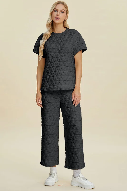 Double Take Full Size Texture Round Neck Short Sleeve Top and Pants Set Casual Wide Pants