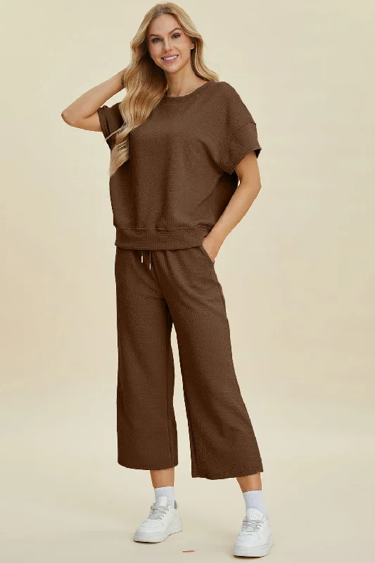 Double Take Full Size Texture Round Neck Top and Pants Set Soft Stretch Leggings