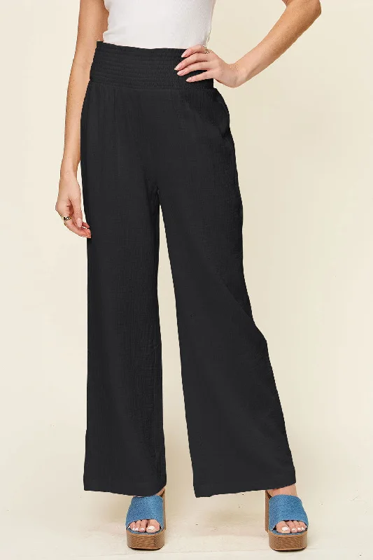 Double Take Full Size Texture Smocked Waist Wide Leg Pants Cozy Jogger Leggings