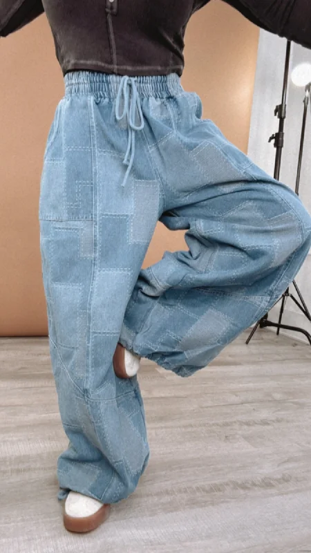 ECB Exclusive: Demi Denim Checkered Patchwork Jogger Pant Elegant Wool Trousers