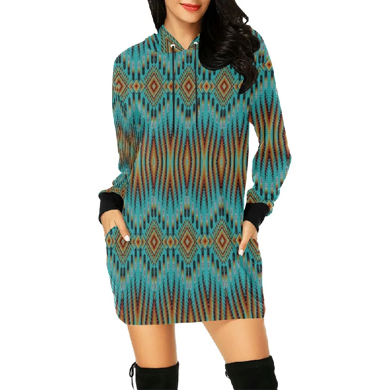 Fire Feather Turquoise Hoodie Dress Hoodie with Double Zipper Versatile Adjustable