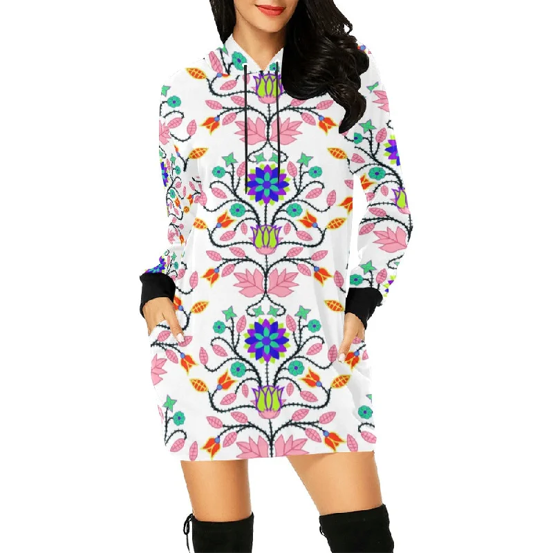 Floral Beadwork Four Clans White Hoodie Dress Hoodie with Elastic Waist Stretchable Comfortable