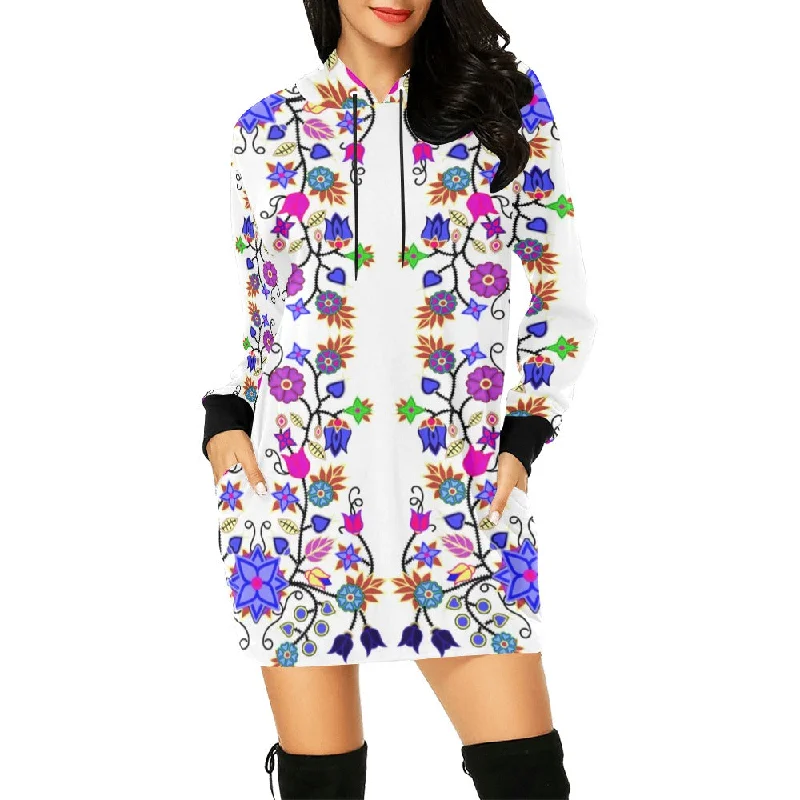 Floral Beadwork Seven Clans White Hoodie Dress Hoodie with Slit Hem Functional Movement